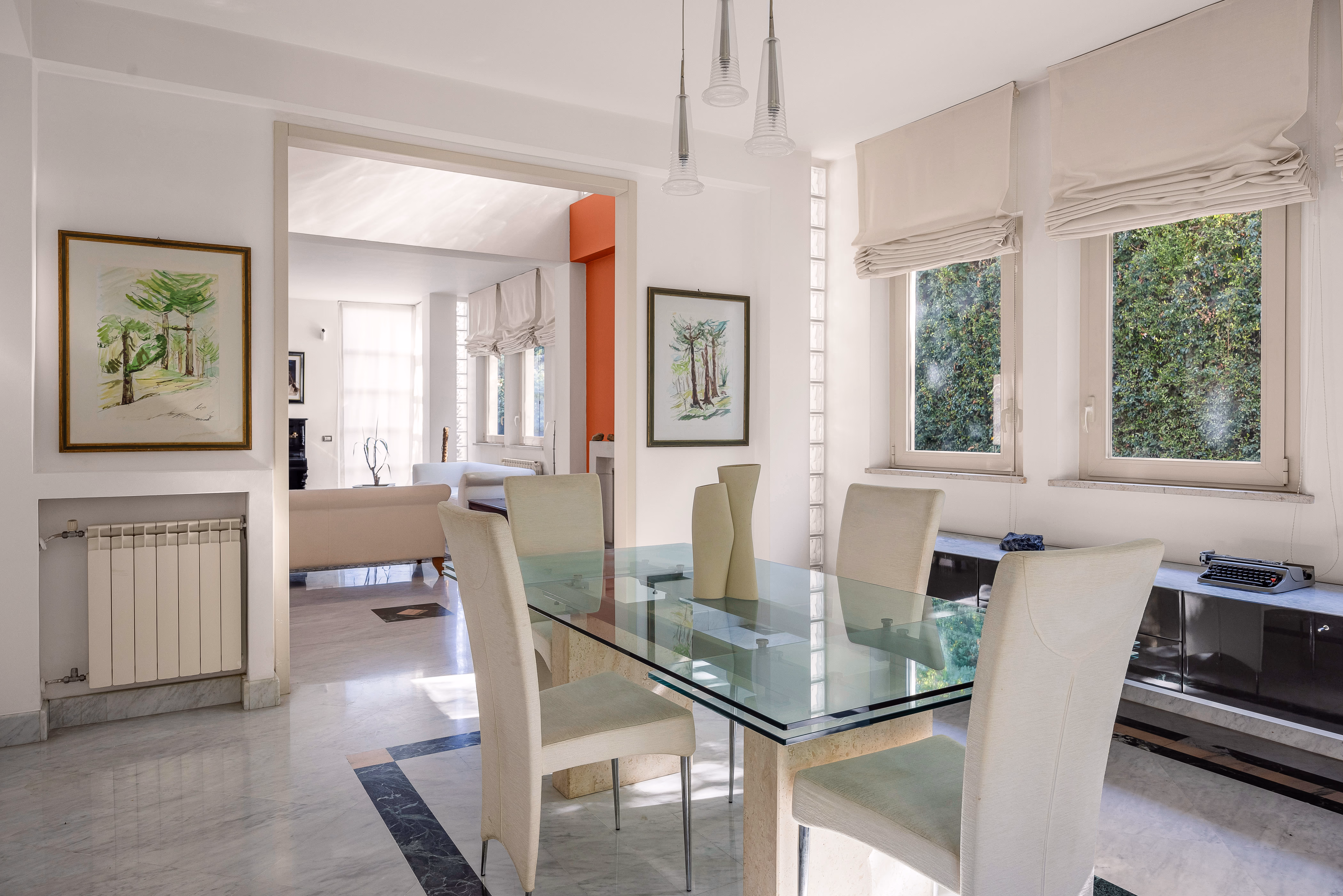 Living space with period details and garden light